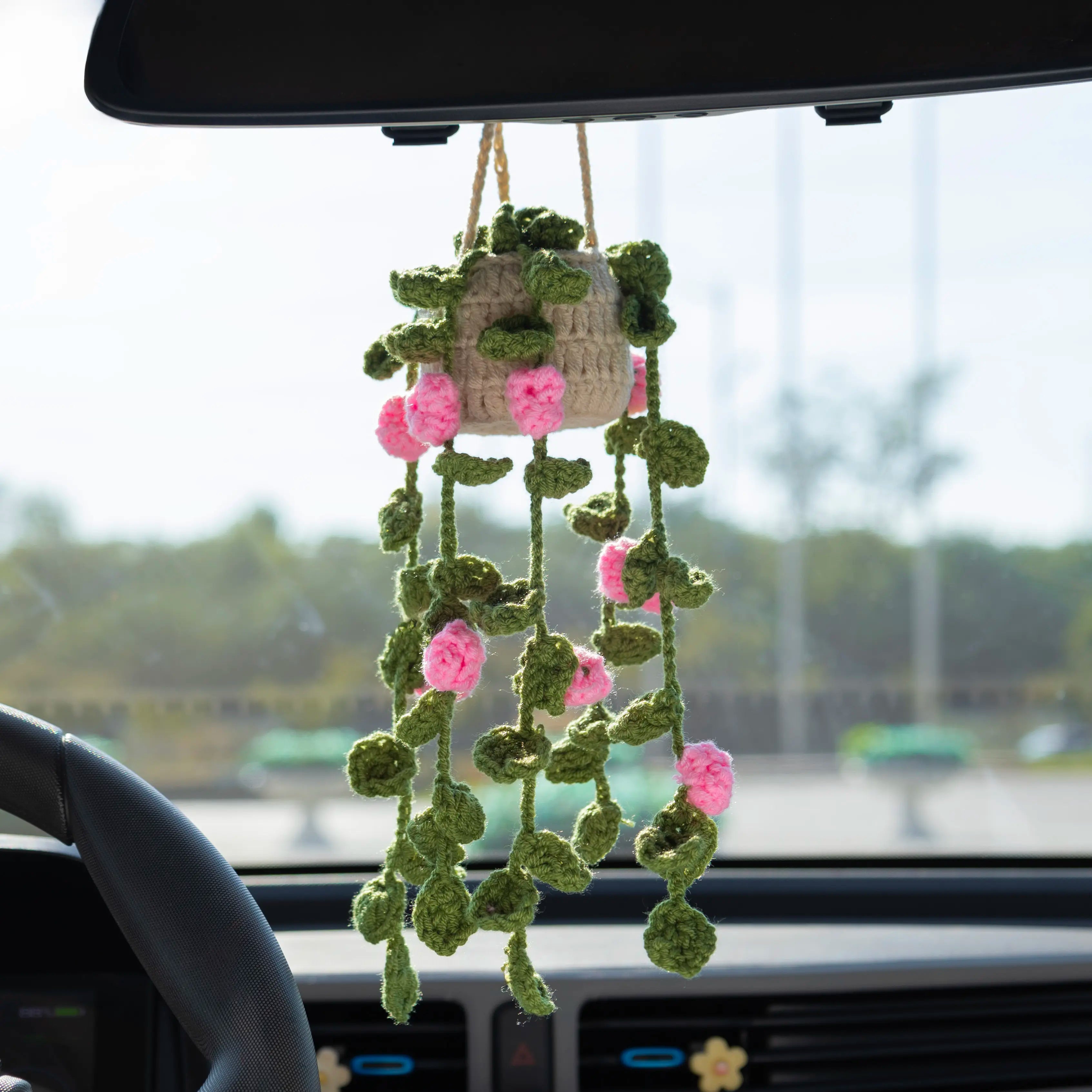 Crochet Car Mirror Hanging Plants with Pink Flowers YShomy