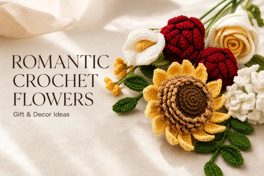 Crochet sunflower, roses, and white flowers beside the title Romantic Crochet Flowers