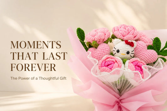 Pink HK and rose crochet bouquet beside the title Moments That Last Forever
