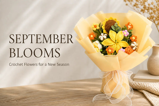 Yellow crochet lily, sunflower, and rose bouquet beside the title September Blooms