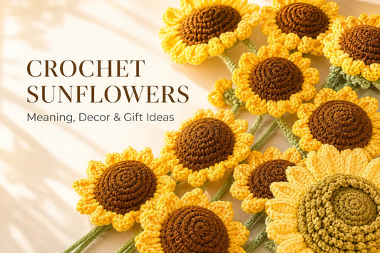 Golden crochet sunflowers beside the title Crochet Sunflowers