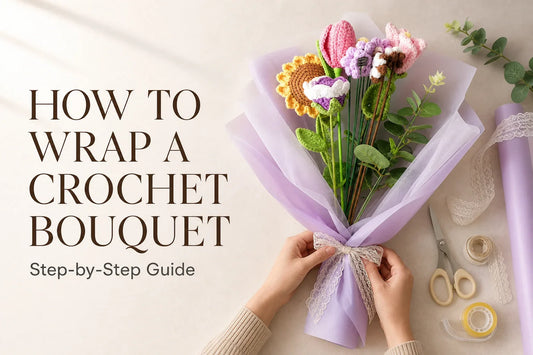 Hands wrapping a crochet flower bouquet with ribbon and tools beside a step-by-step guide title