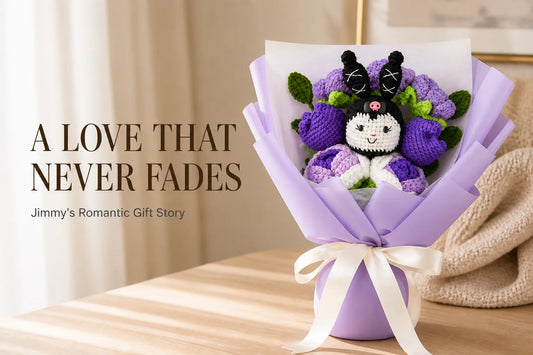 Purple KM rose and tulip crochet bouquet beside the title A Love That Never Fades