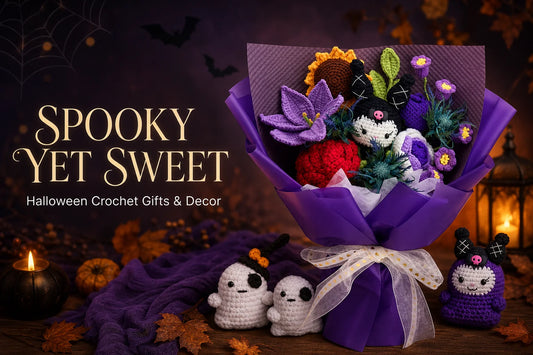 Purple KM sunflower and lily crochet bouquet with small Halloween crochet decor