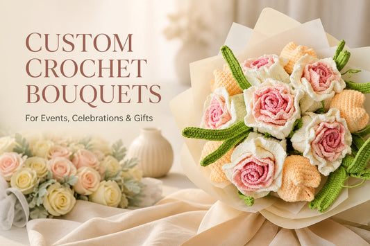 White and blush custom crochet bouquet beside the title Custom Crochet Bouquets