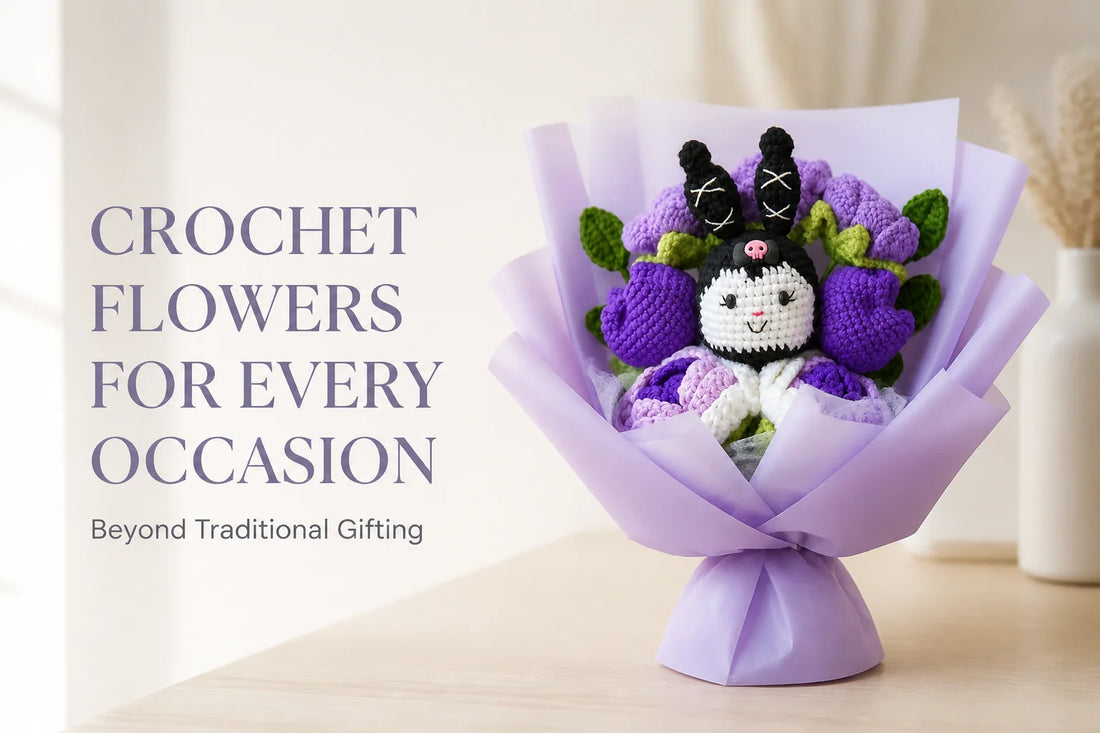 Crochet flowers styled for celebrations, gifts and home decor