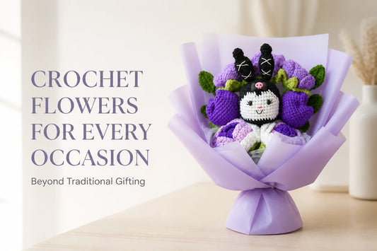 Crochet flowers styled for celebrations, gifts and home decor