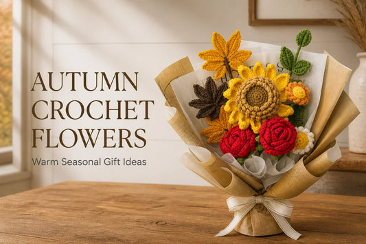 Autumn crochet bouquet with sunflowers, red roses and maple leaves