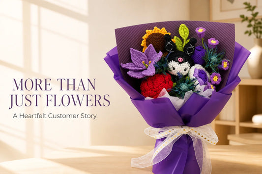 Purple crochet bouquet featured in a heartfelt customer gift story