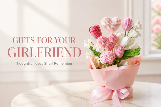 Pink crochet rose, tulip and heart bouquet as a thoughtful gift idea