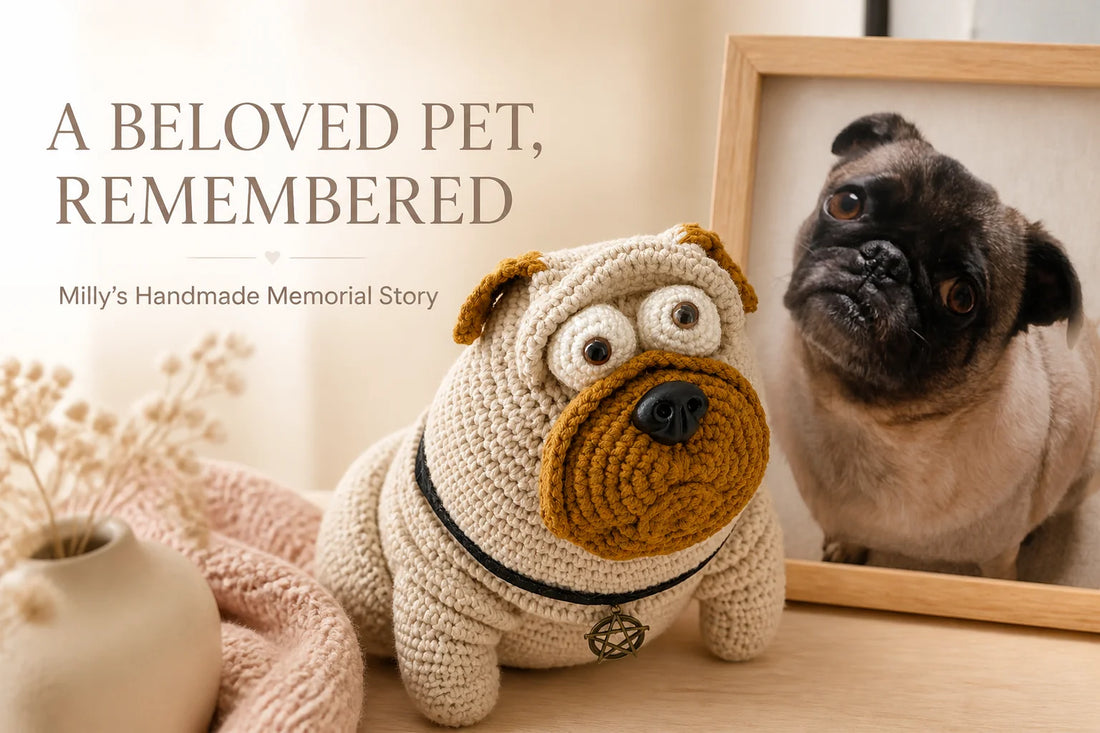 Milly the pug beside a handmade crochet memorial keepsake