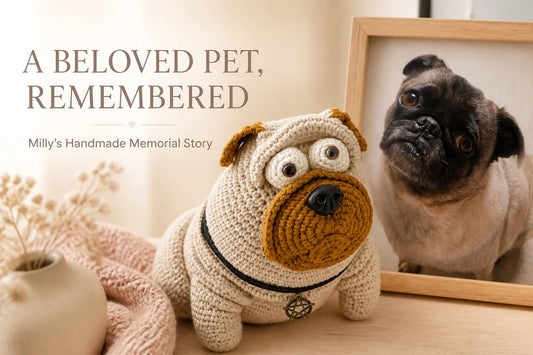Milly the pug beside a handmade crochet memorial keepsake