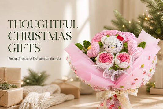 Thoughtful Christmas gifts featuring a festive crochet bouquet