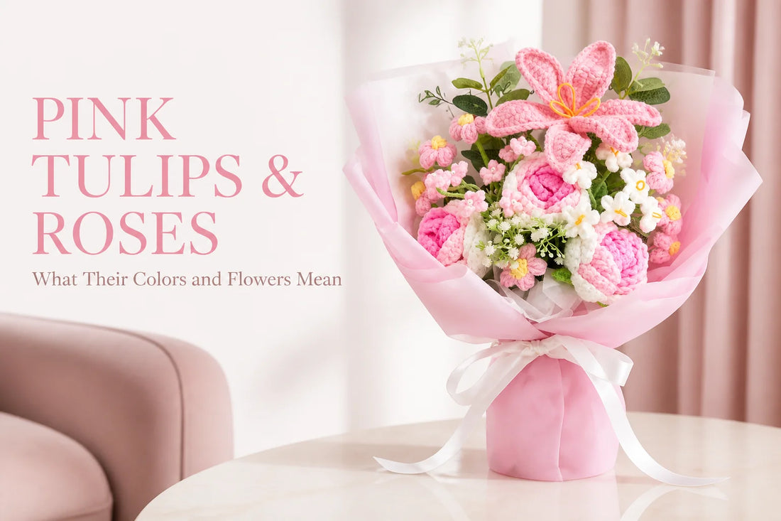 Pink crochet tulip and rose bouquet with article title