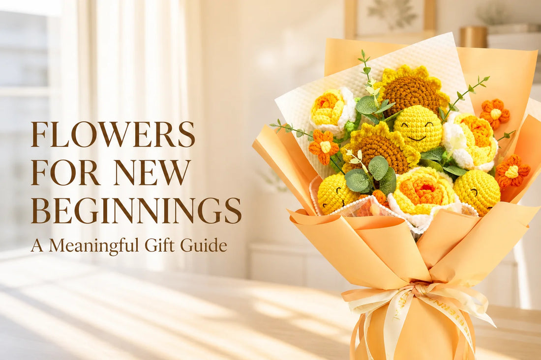 Yellow crochet flower bouquet with the title Flowers for New Beginnings