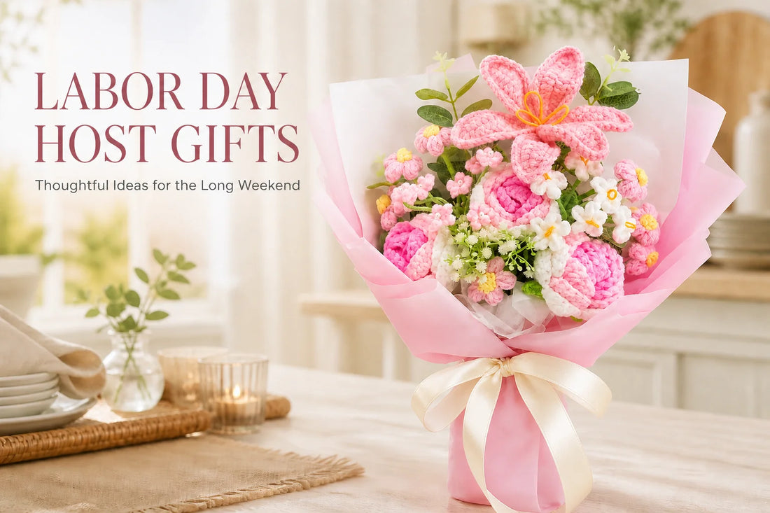 Pink crochet bouquet with the title Labor Day Host Gifts