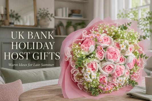Giant pink crochet rose bouquet with UK bank holiday host gift title