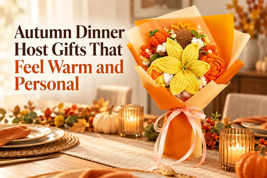 Yellow crochet lily and pumpkin bouquet beside the title Autumn Dinner Host Gifts That Feel Warm and Personal