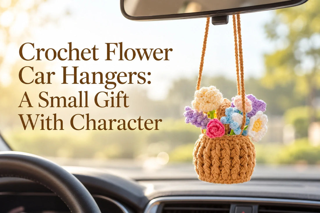 Crochet flower basket car hanger beside the article title