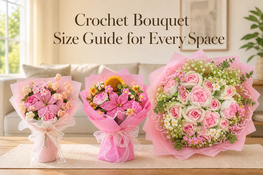 Crochet bouquet size guide with three pink arrangements in a living room