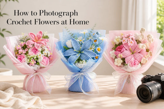 Three crochet flower bouquets arranged for a home photography tutorial