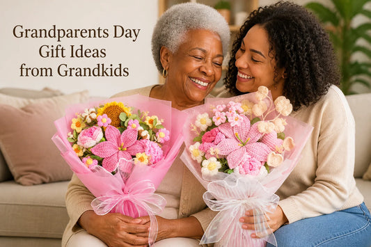 Grandmother and adult grandchild holding pink crochet flower bouquets