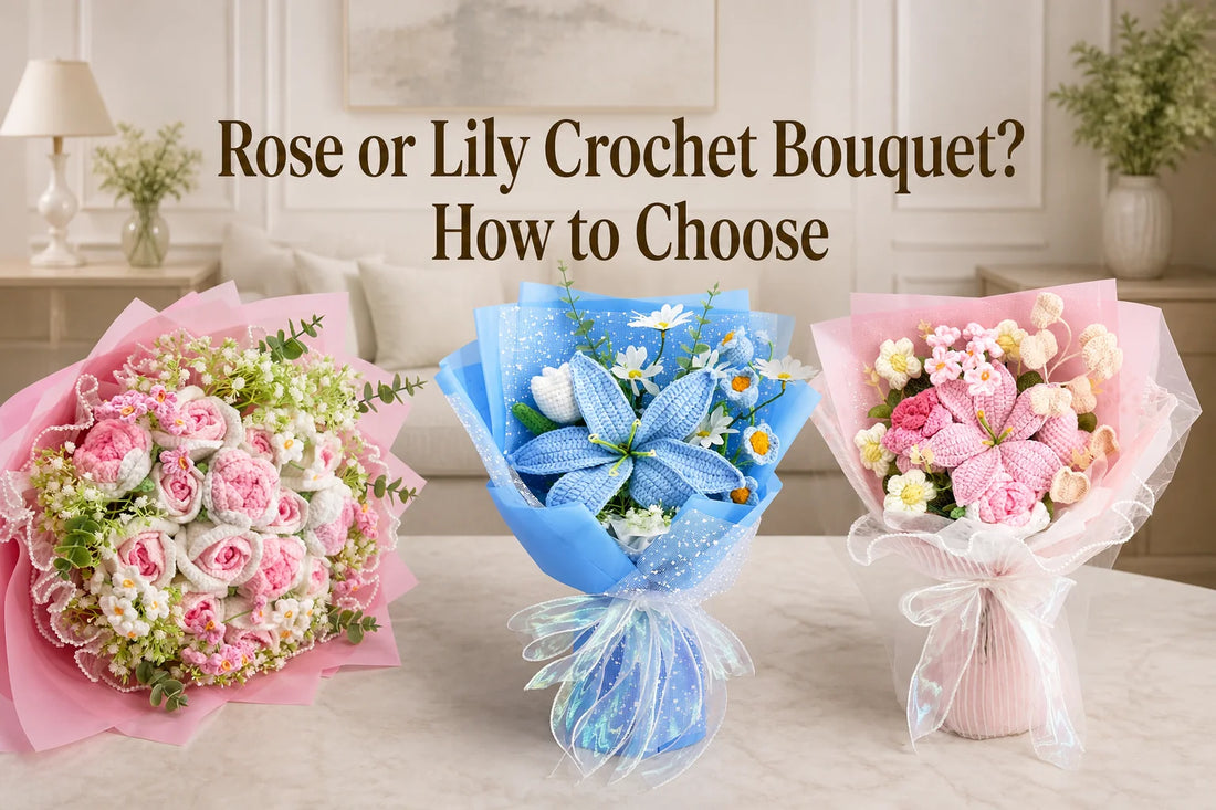 Pink crochet rose bouquets and a blue crochet lily bouquet in a comparison setting