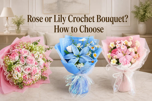 Pink crochet rose bouquets and a blue crochet lily bouquet in a comparison setting