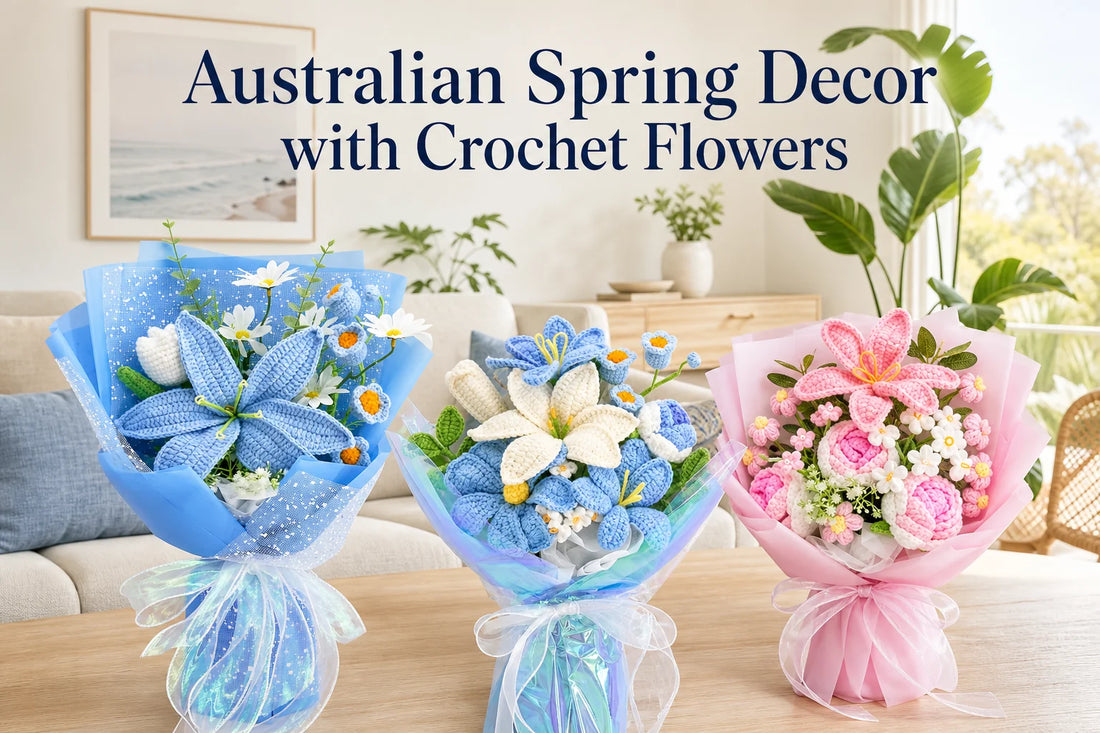 Blue and pink crochet flower bouquets in a bright Australian living room