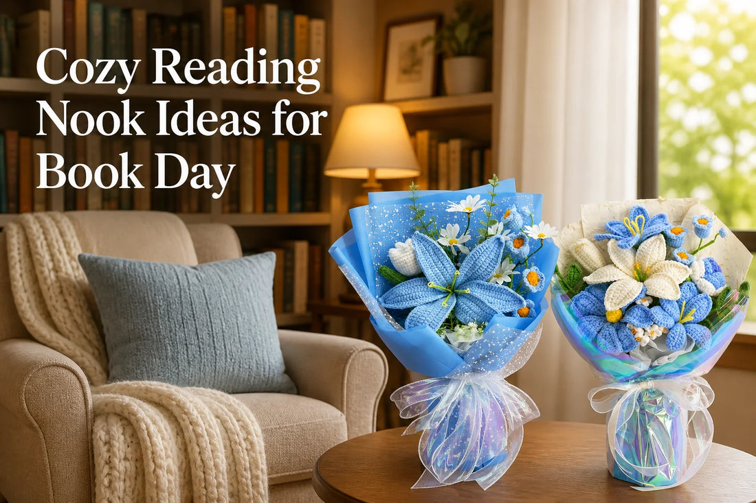 Blue crochet lily bouquets beside a cozy reading chair and bookshelves