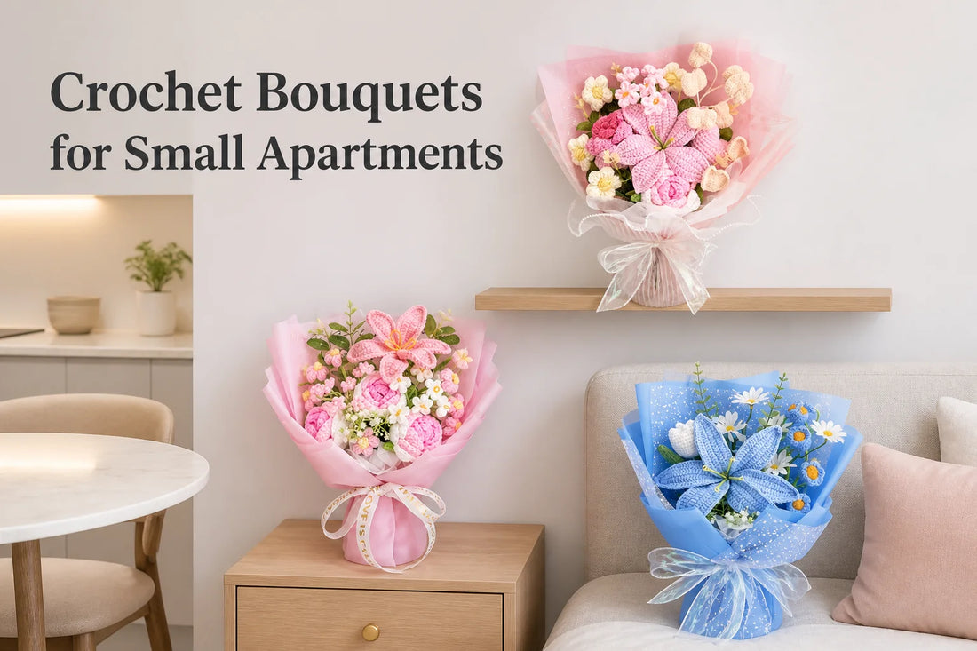 Pink and blue crochet bouquets arranged in a bright small apartment