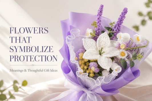 Purple crochet lily and lavender bouquet beside the title Flowers That Symbolize Protection