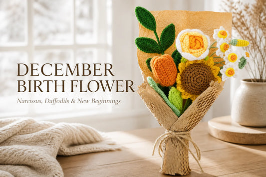 Yellow crochet sunflower and daffodil bouquet beside the title December Birth Flower