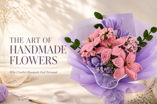 Pink lily and purple tulip crochet bouquet beside the title The Art of Handmade Flowers