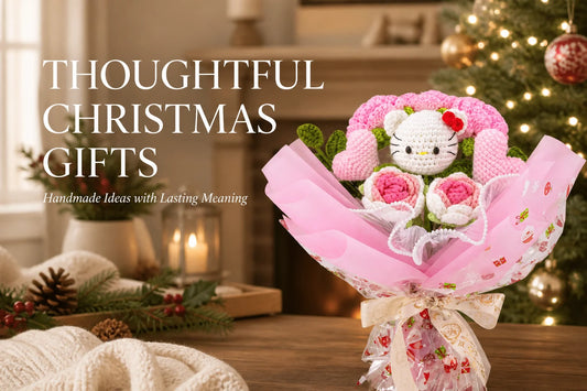 Festive pink crochet flower bouquet beside the title Thoughtful Christmas Gifts