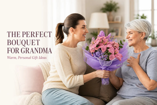 Granddaughter gifting a pink lily and purple tulip crochet bouquet to grandma