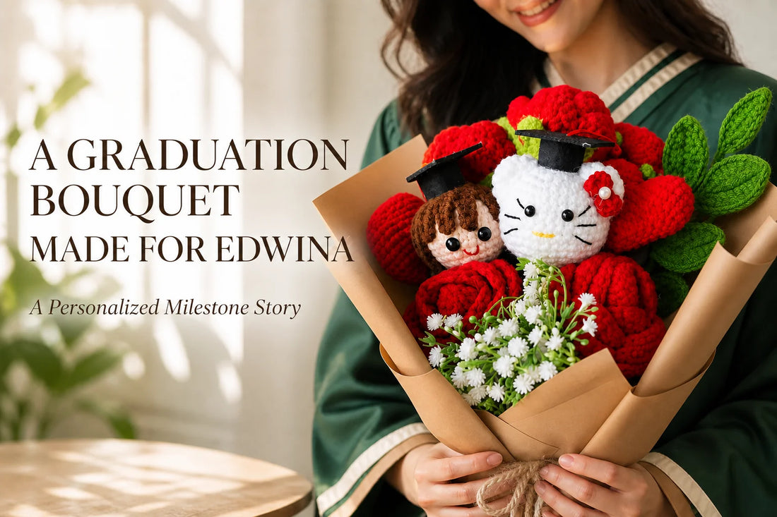 Customized red crochet graduation bouquet created for Edwina