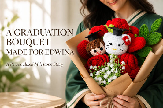 Customized red crochet graduation bouquet created for Edwina