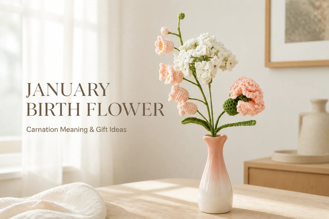 Peach and white crochet carnations and hydrangea beside the title January Birth Flower