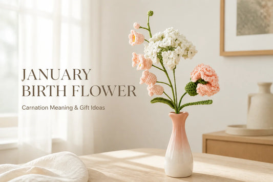 Peach and white crochet carnations and hydrangea beside the title January Birth Flower