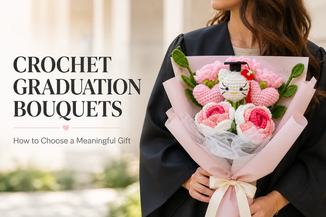Graduate holding a pink crochet graduation bouquet beside the title Crochet Graduation Bouquets