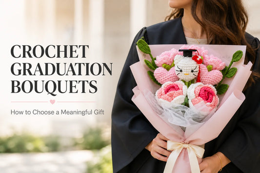 Graduate holding a pink crochet graduation bouquet beside the title Crochet Graduation Bouquets