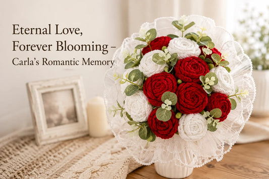 Eternal Love, Forever Blooming blog cover with a red and white crochet rose bouquet
