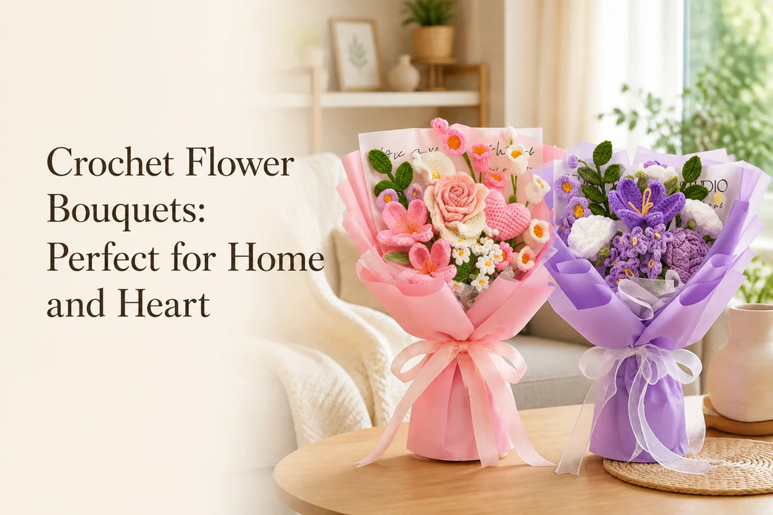 Crochet Flower Bouquets for Home and Heart cover with pink and purple crochet bouquets