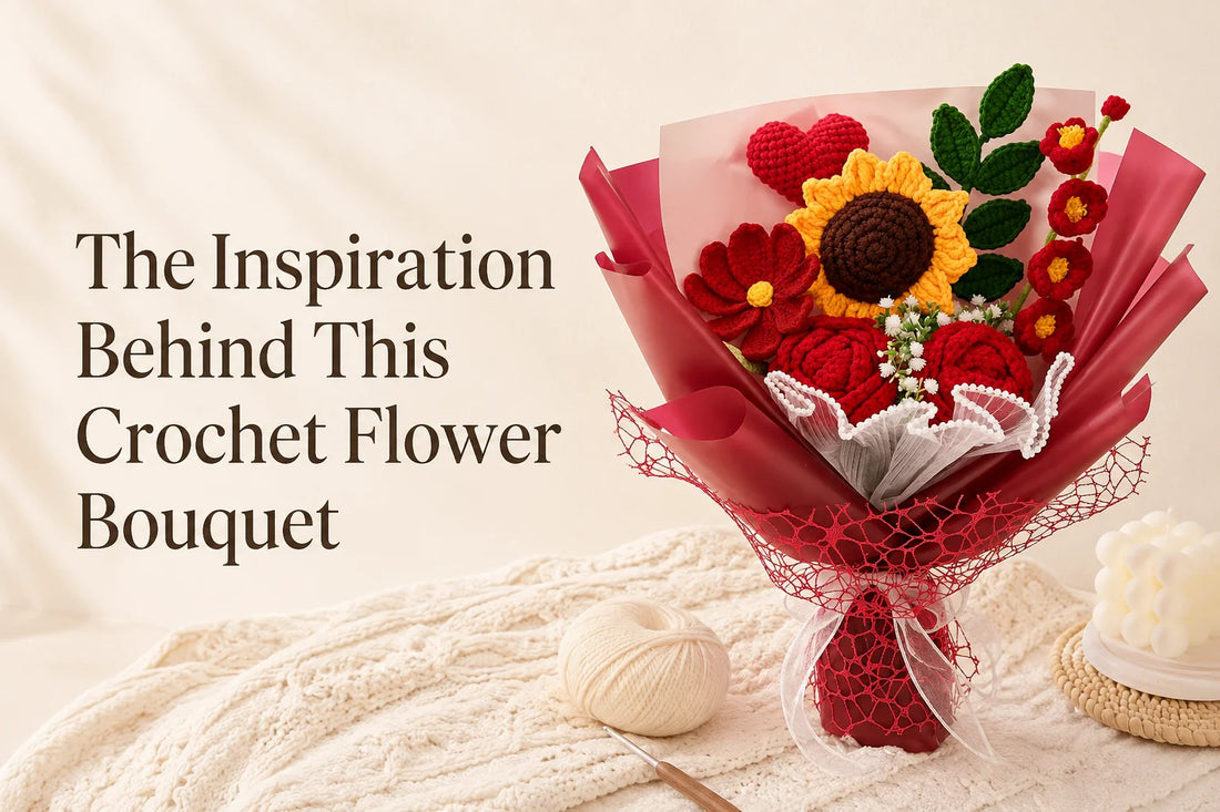The Inspiration Behind This Crochet Flower Bouquet cover with red roses and sunflower