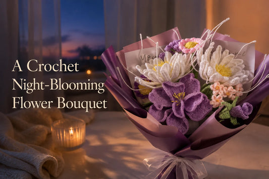 A Crochet Night-Blooming Flower Bouquet cover with purple and white crochet flowers