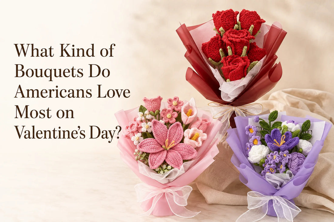 Valentine bouquet preferences cover with red, pink and purple crochet bouquets