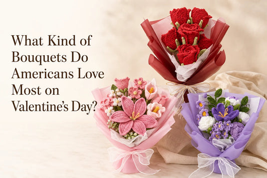 Valentine bouquet preferences cover with red, pink and purple crochet bouquets