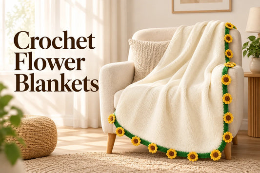 Cream crochet blanket with green sunflower border cover