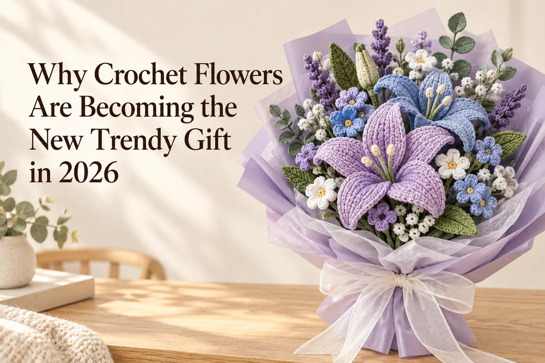 Crochet flower gifts cover with purple and blue crochet bouquet